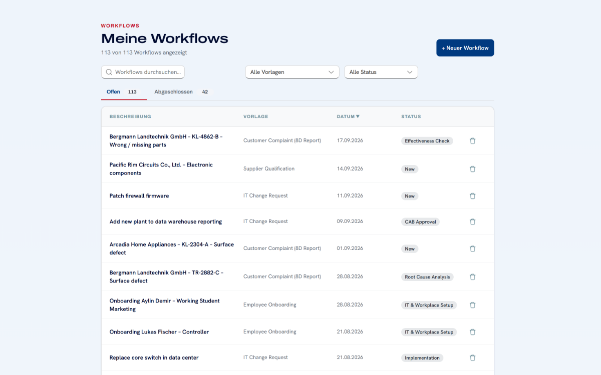 Coleida Workflow App: Liste „Meine Workflows“ mit den Reitern Offen und Abgeschlossen, Suche und Filtern nach Vorlage und Status