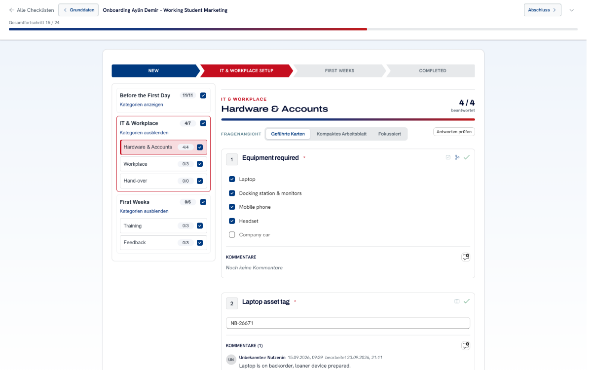 Bearbeiten eines Onboarding-Workflows: Statusleiste, Kategorien mit Fortschritt und beantwortete Fragen mit Kommentar