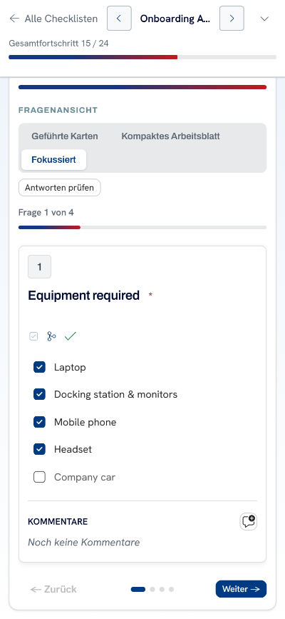 Coleida Workflow auf dem Smartphone: eine Frage pro Ansicht mit Weiter und Zurück