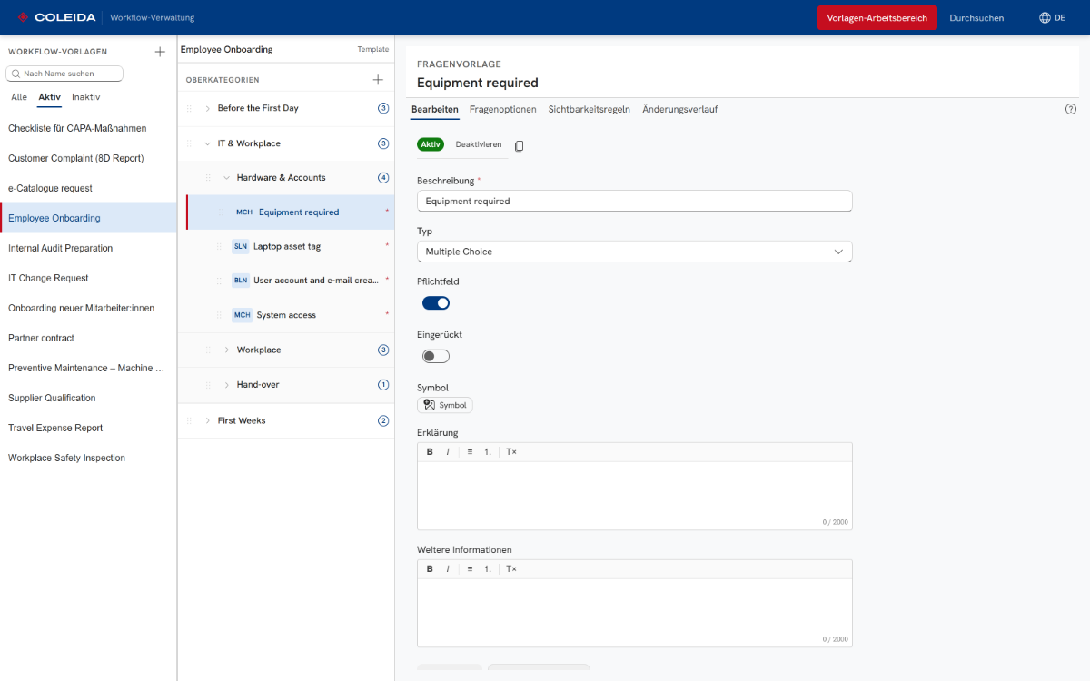 Management-App: Vorlagenliste, Strukturbaum mit Kategorien und Fragen, Detailbereich einer Frage