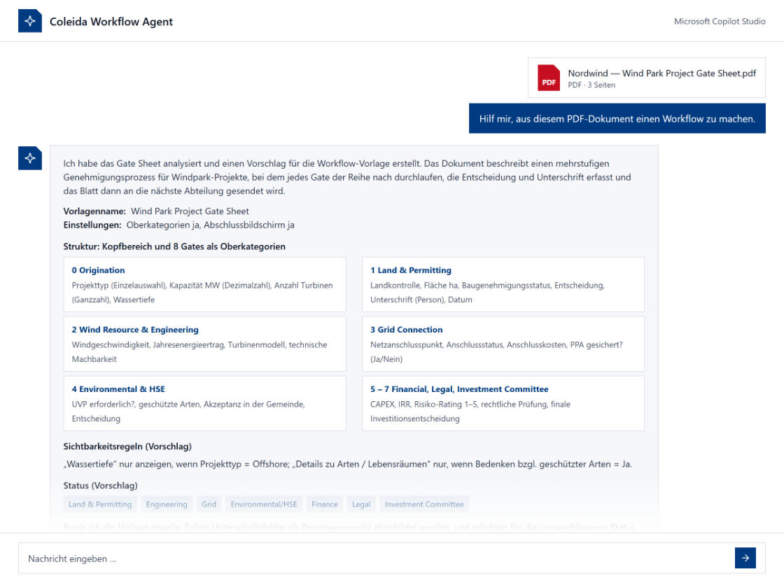 Beispielhafte Darstellung: Der Workflow Agent schlägt aus einem hochgeladenen PDF-Formular eine Vorlage mit Kategorien, Fragen, Sichtbarkeitsregeln und Status vor